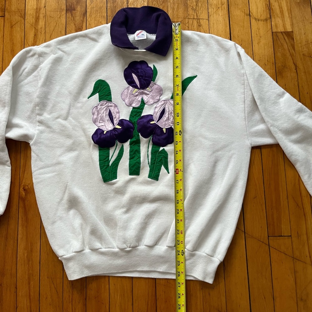 VTG Jerzees White and Purple Floral Iris Collared Pullover Sweatshirt Women’s XL - Picture 7 of 8